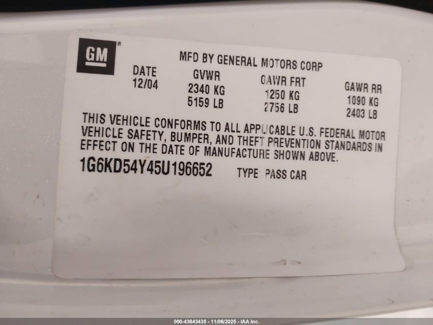 2005 Cadillac Deville Standard VIN: 1G6KD54Y45U196652 Lot: 43643435