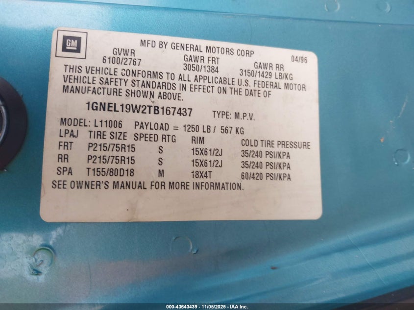 1GNEL19W2TB167437 1996 CHEVROLET ASTRO photo no. 9