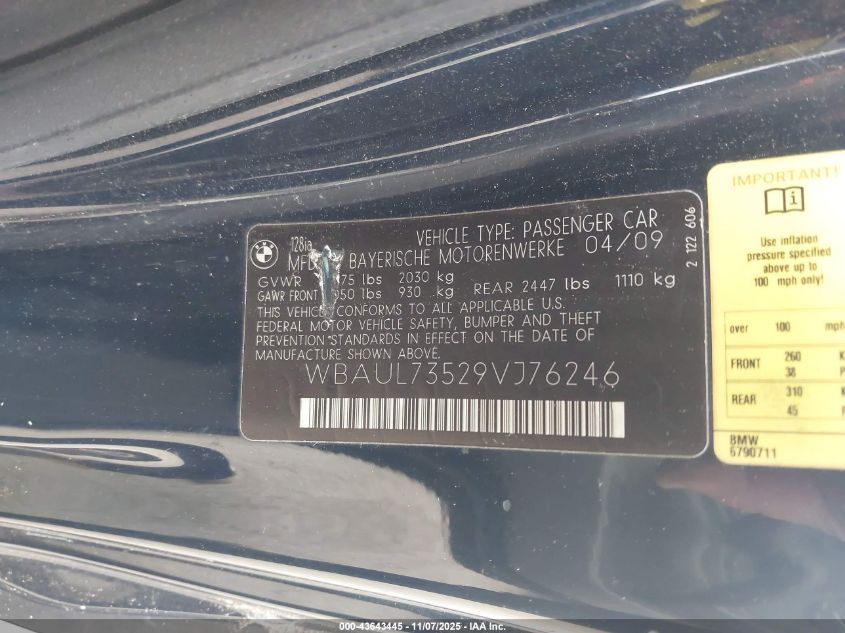 2009 BMW 128I VIN: WBAUL73529VJ76246 Lot: 43643445