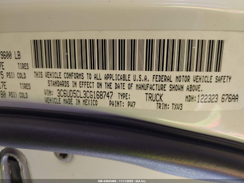 2012 Ram 2500 St VIN: 3C6UD5CL3CG168747 Lot: 43643460