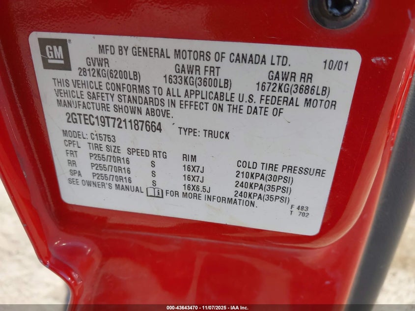 2002 GMC Sierra 1500 Sle VIN: 2GTEC19T721187664 Lot: 43643470