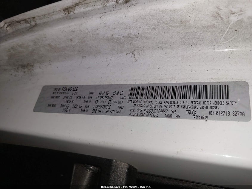 2018 Ram Promaster 2500 High Roof 159 Wb VIN: 3C6TRVDG3JE124867 Lot: 43643479