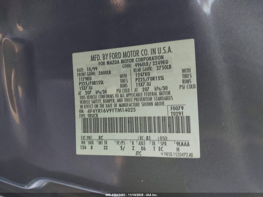 2000 Mazda B3000 Se/Tl VIN: 4F4YR16V9YTM14025 Lot: 43643482