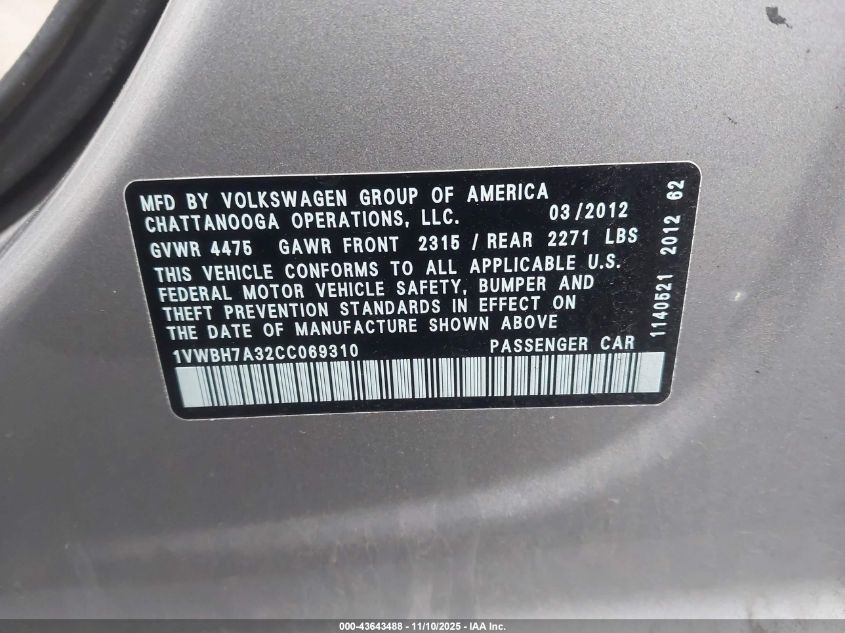 2012 Volkswagen Passat 2.5L Se VIN: 1VWBH7A32CC069310 Lot: 43643488