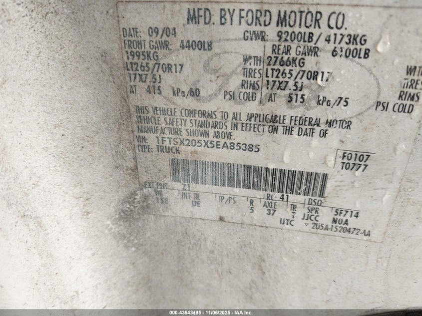 2005 Ford F250 Super Duty VIN: 1FTSX205X5EA85385 Lot: 43643495