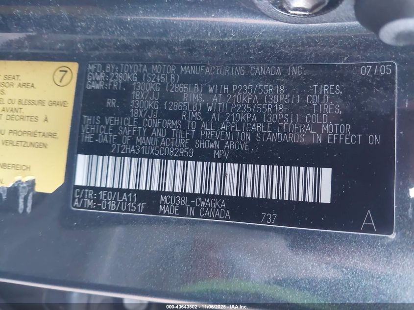 2005 Lexus Rx 330 VIN: 2T2HA31UX5C082959 Lot: 43643502