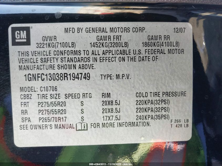 2008 Chevrolet Tahoe Ltz VIN: 1GNFC13038R194749 Lot: 43643513