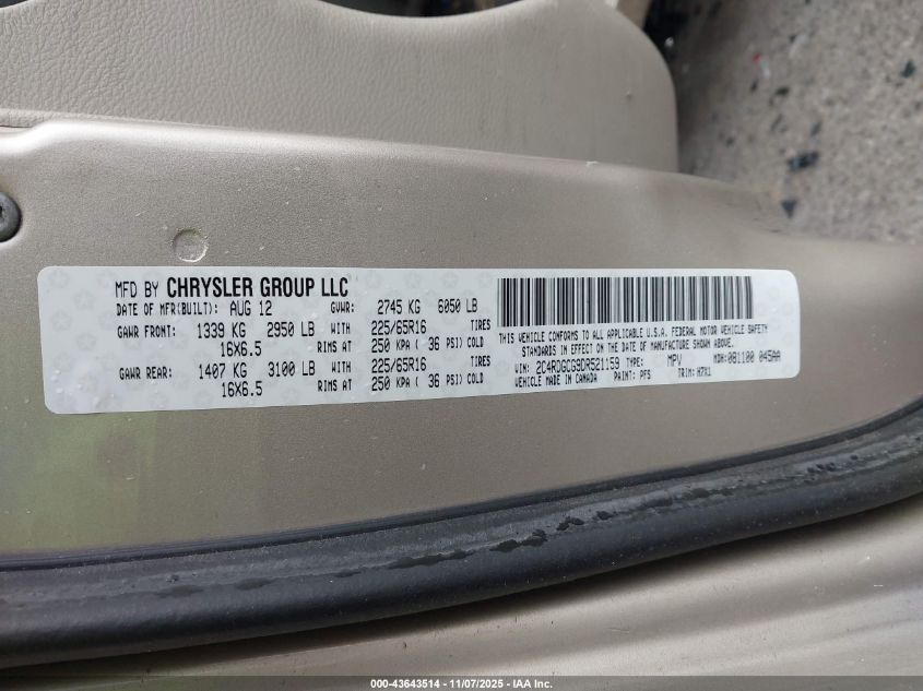 2013 Dodge Grand Caravan Sxt VIN: 2C4RDGCG9DR521159 Lot: 43643514