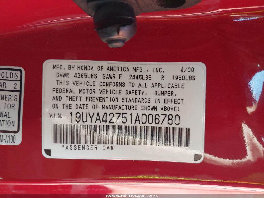 2001 Acura Cl 3.2 Type S VIN: 19UYA42751A006780 Lot: 43643515