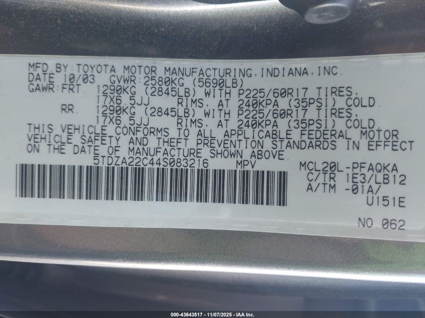 2004 Toyota Sienna Xle VIN: 5TDZA22C44S083216 Lot: 43643517
