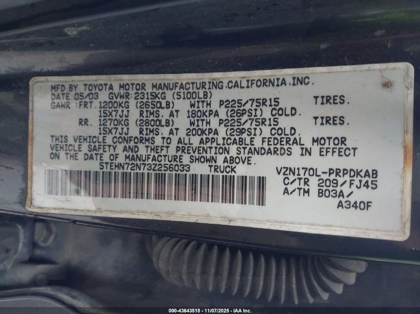2003 Toyota Tacoma Base V6 VIN: 5TEHN72N73Z256033 Lot: 43643518