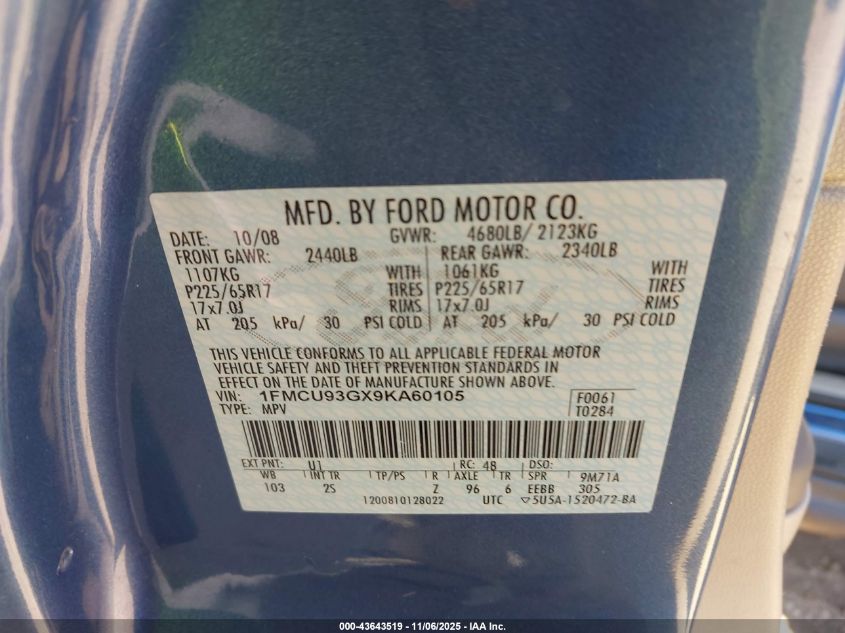 2009 Ford Escape Xlt VIN: 1FMCU93GX9KA60105 Lot: 43643519