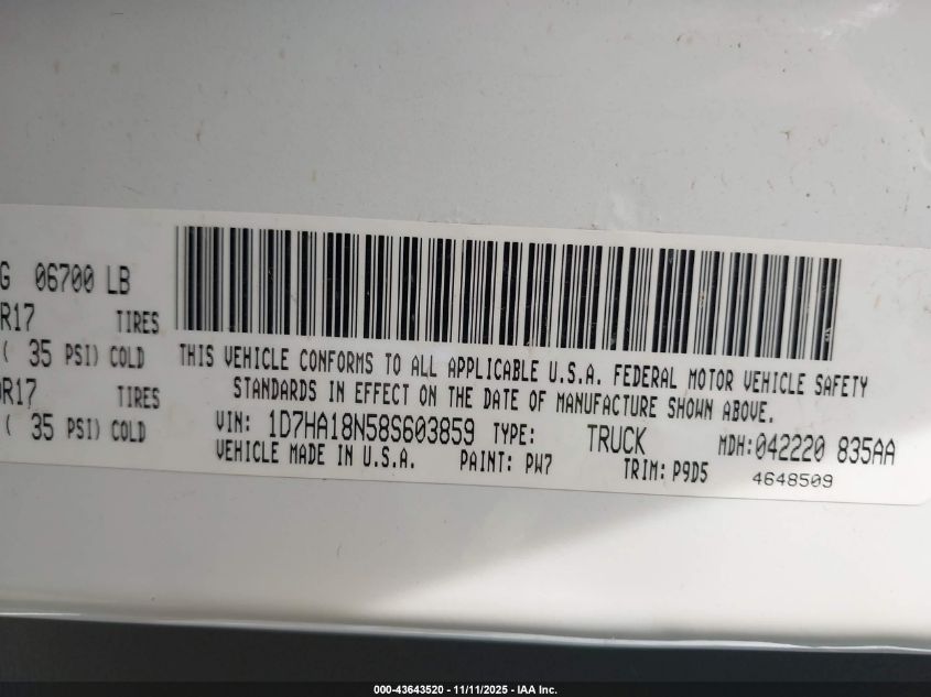 2008 Dodge Ram 1500 St/Sxt VIN: 1D7HA18N58S603859 Lot: 43643520