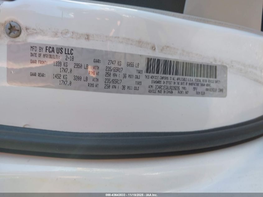 2018 Chrysler Pacifica Touring L Plus VIN: 2C4RC1EG0JR228226 Lot: 43643533