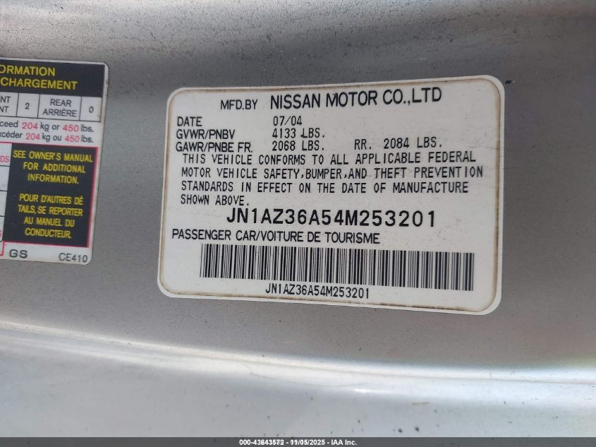 2004 Nissan 350Z Touring VIN: JN1AZ36A54M253201 Lot: 43643572