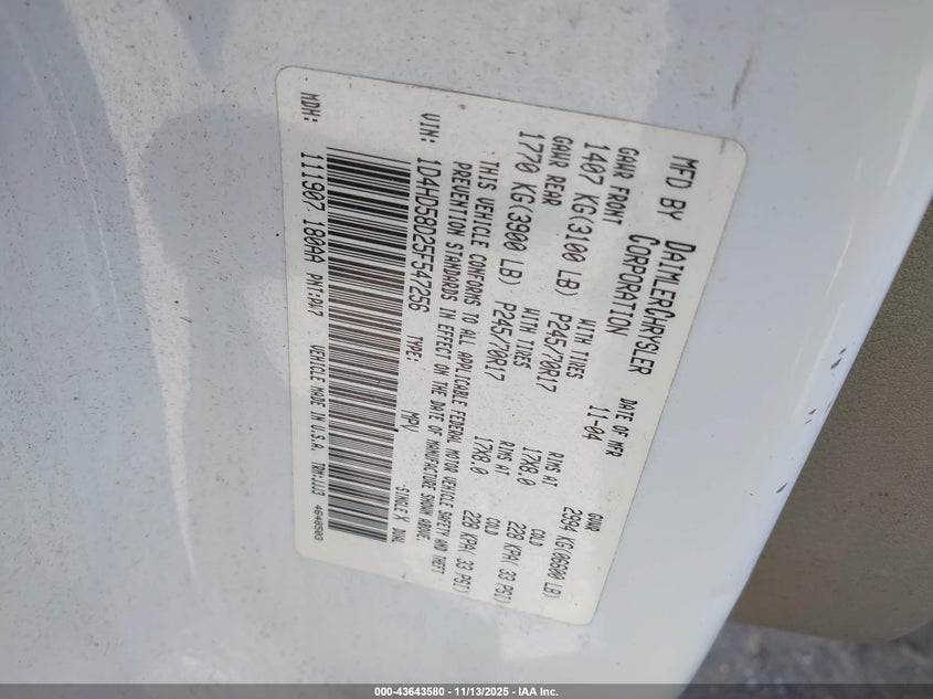 2005 Dodge Durango Limited VIN: 1D4HD58D25F547256 Lot: 43643580