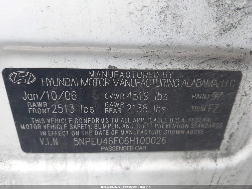 5NPEU46F06H100026 2006 HYUNDAI SONATA photo no. 9