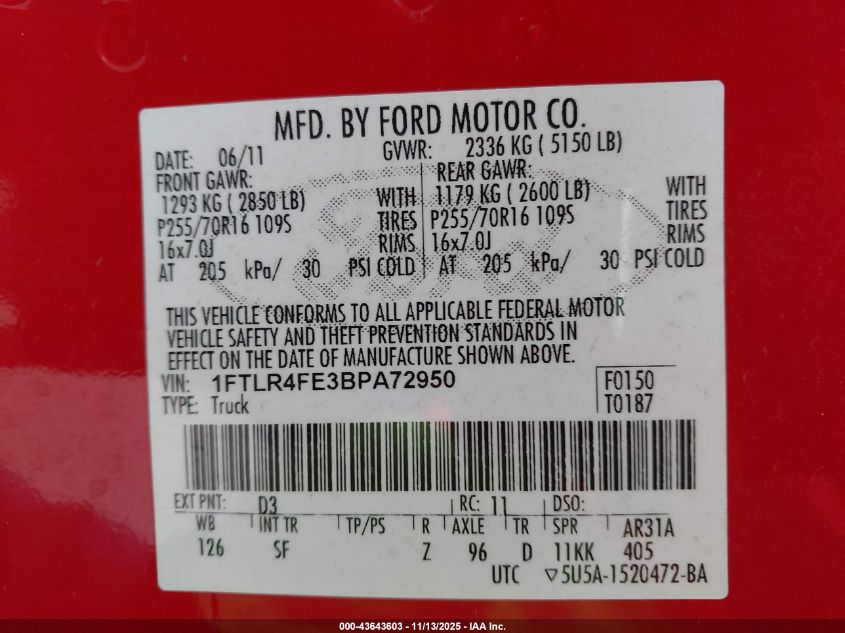 2011 Ford Ranger Sport VIN: 1FTLR4FE3BPA72950 Lot: 43643603