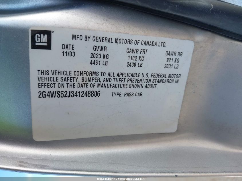 2004 Buick Century VIN: 2G4WS52J341248806 Lot: 43643619