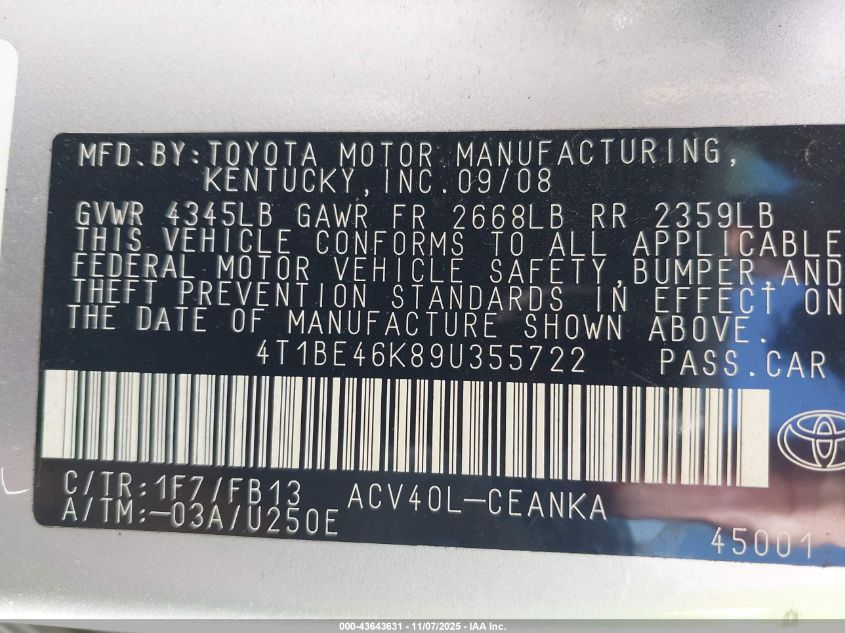 2009 Toyota Camry Le VIN: 4T1BE46K89U355722 Lot: 43643631