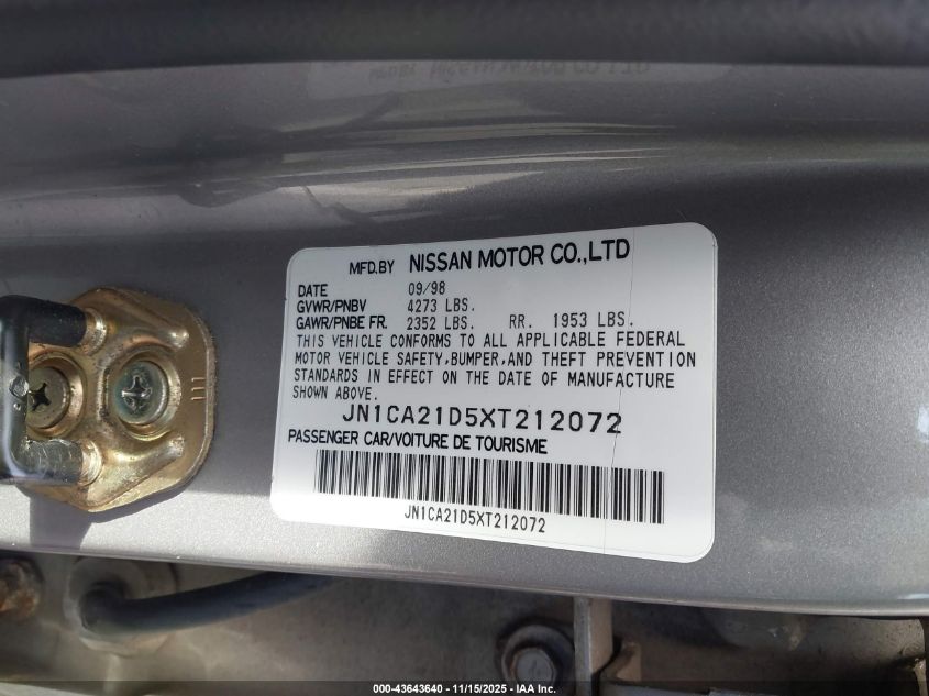 1999 Nissan Maxima Gle/Gxe/Se/Se-L VIN: JN1CA21D5XT212072 Lot: 43643640