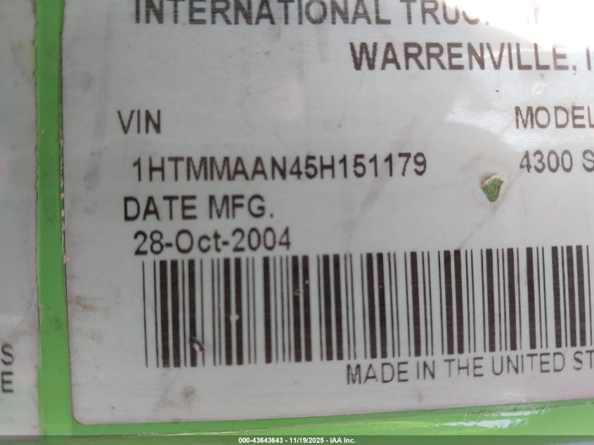 2005 International 4000 4300 VIN: 1HTMMAAN45H151179 Lot: 43643643