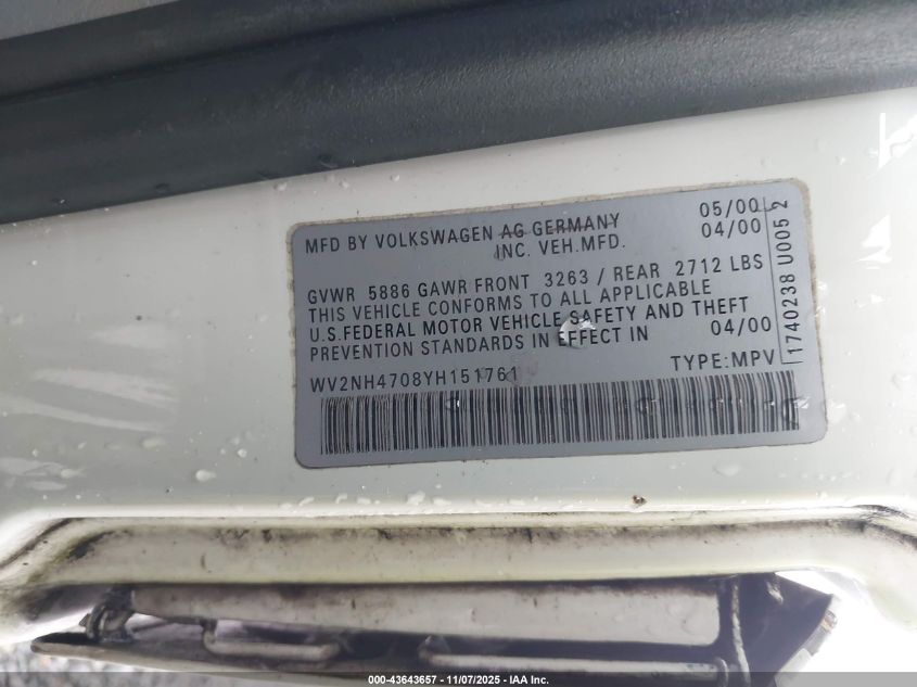 2000 Volkswagen Eurovan Mv VIN: WV2NH4708YH151761 Lot: 43643657
