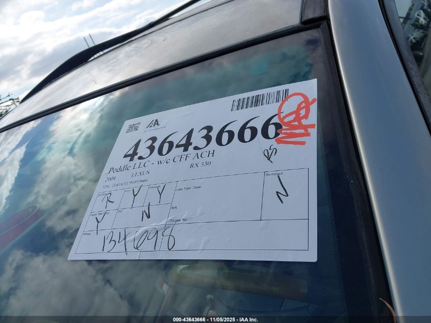 2004 Lexus Rx 330 VIN: JTJGA31U940019664 Lot: 43643666