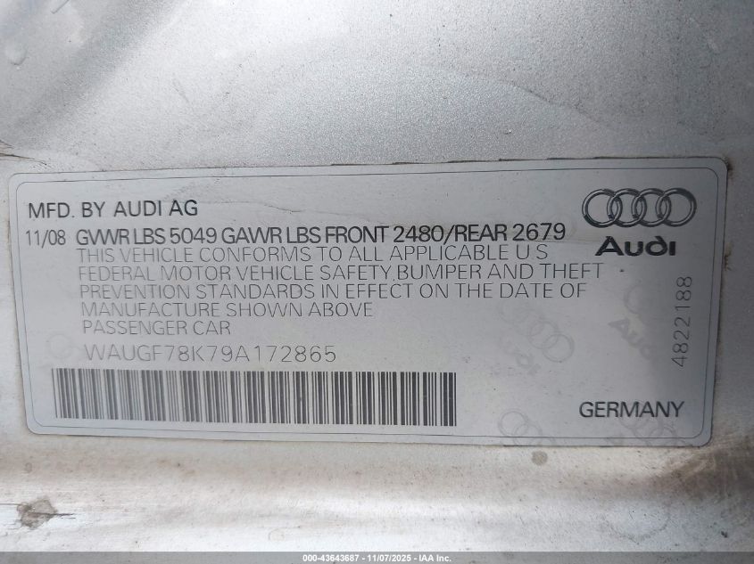 2009 Audi A4 2.0T Avant VIN: WAUGF78K79A172865 Lot: 43643687