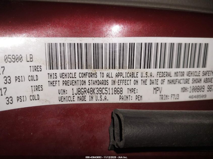 2009 Jeep Grand Cherokee Laredo VIN: 1J8GR48K39C511868 Lot: 43643693