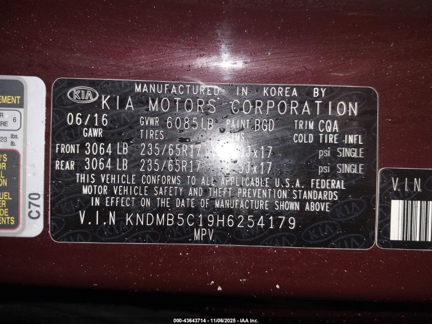 2017 Kia Sedona Lx VIN: KNDMB5C19H6254179 Lot: 43643714