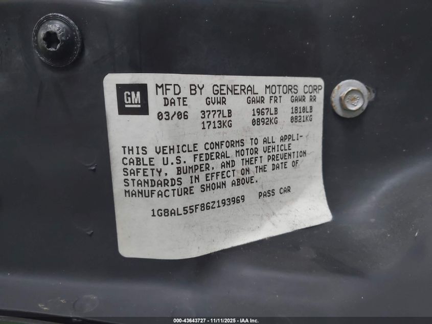 2006 Saturn Ion 3 VIN: 1G8AL55F86Z193969 Lot: 43643727