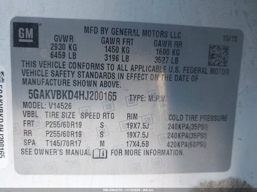 2017 Buick Enclave Leather VIN: 5GAKVBKD4HJ200165 Lot: 43643753