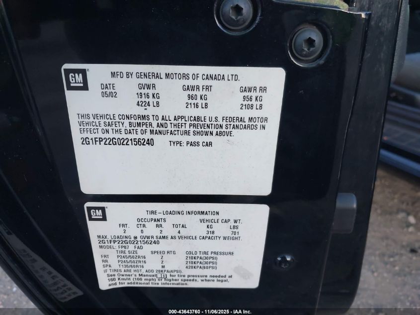 2002 Chevrolet Camaro Z28 VIN: 2G1FP22G022156240 Lot: 43643760