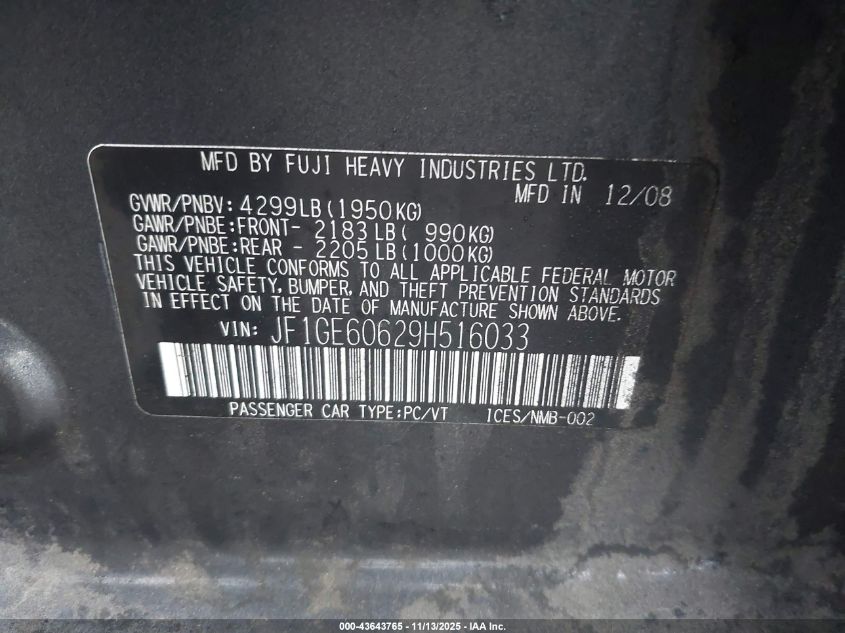 2009 Subaru Impreza 2.5I VIN: JF1GE60629H516033 Lot: 43643765