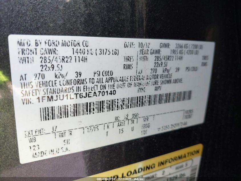 2018 Ford Expedition Platinum VIN: 1FMJU1LT6JEA70140 Lot: 43643774