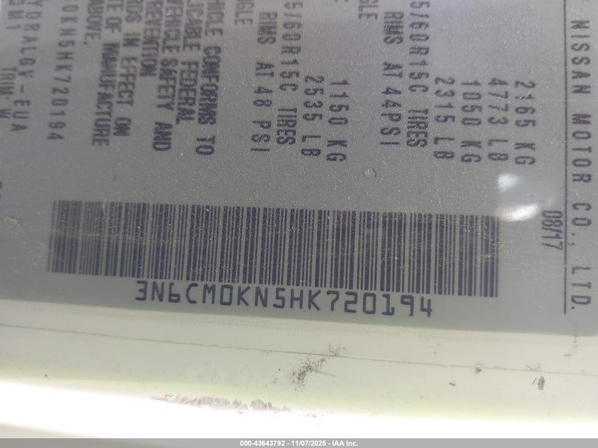 2017 Nissan Nv200 Sv VIN: 3N6CM0KN5HK720194 Lot: 43643792