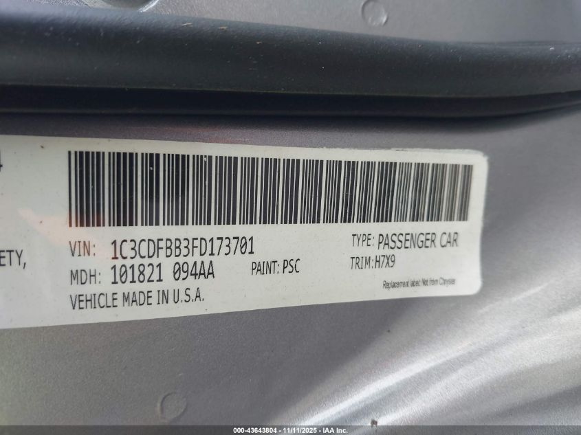 2015 Dodge Dart Sxt VIN: 1C3CDFBB3FD173701 Lot: 43643804