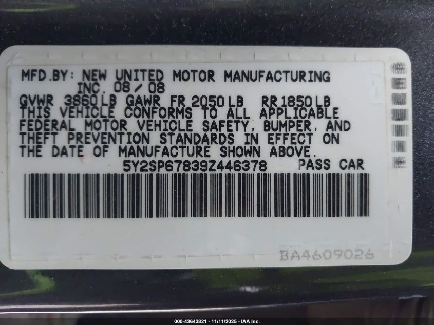 2009 Pontiac Vibe VIN: 5Y2SP67839Z446378 Lot: 43643821