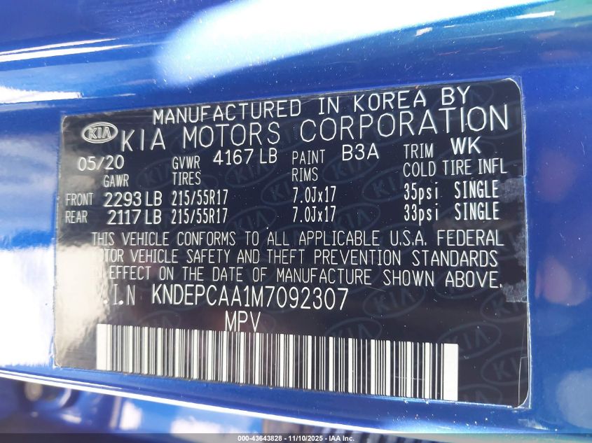 2021 Kia Seltos Lx VIN: KNDEPCAA1M7092307 Lot: 43643828