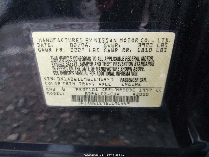 2008 Nissan Sentra 2.0S VIN: 3N1AB61E98L696449 Lot: 43643841