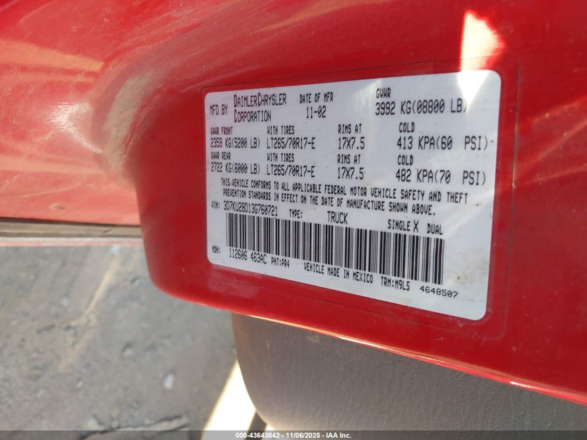 2003 Dodge Ram 2500 Slt/Laramie/St VIN: 3D7KU28D13G760721 Lot: 43643842