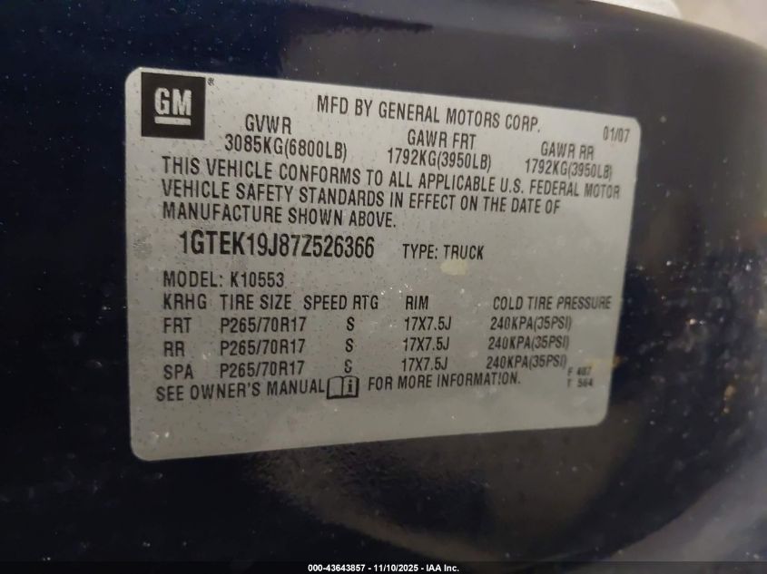 2007 GMC Sierra 1500 Sle2 VIN: 1GTEK19J87Z526366 Lot: 43643857