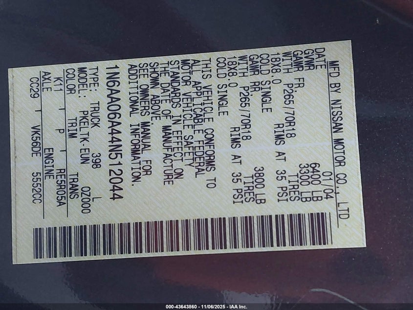 2004 Nissan Titan Se VIN: 1N6AA06A44N512044 Lot: 43643860