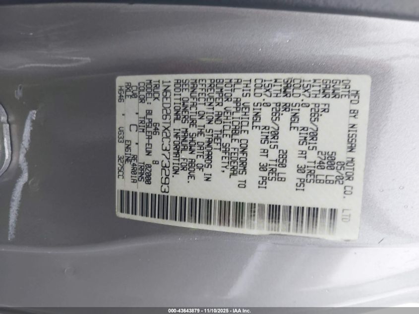 2002 Nissan Frontier Desert Runner Xe-V6 VIN: 1N6ED26TX2C373293 Lot: 43643879