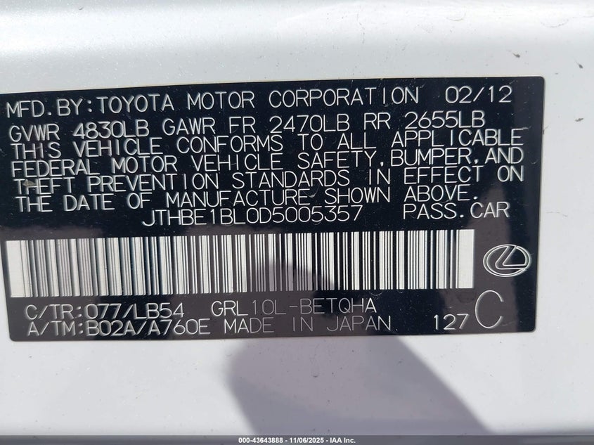 JTHBE1BL0D5005357 2013 LEXUS GS photo no. 9