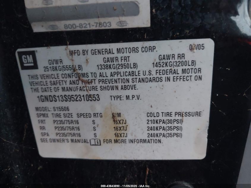 2005 Chevrolet Trailblazer Ls VIN: 1GNDS13S952310553 Lot: 43643890