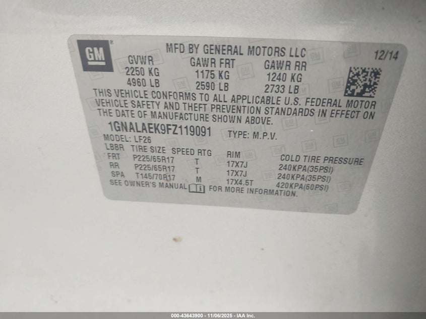 2015 CHEVROLET EQUINOX LS 1GNALAEK9FZ119091