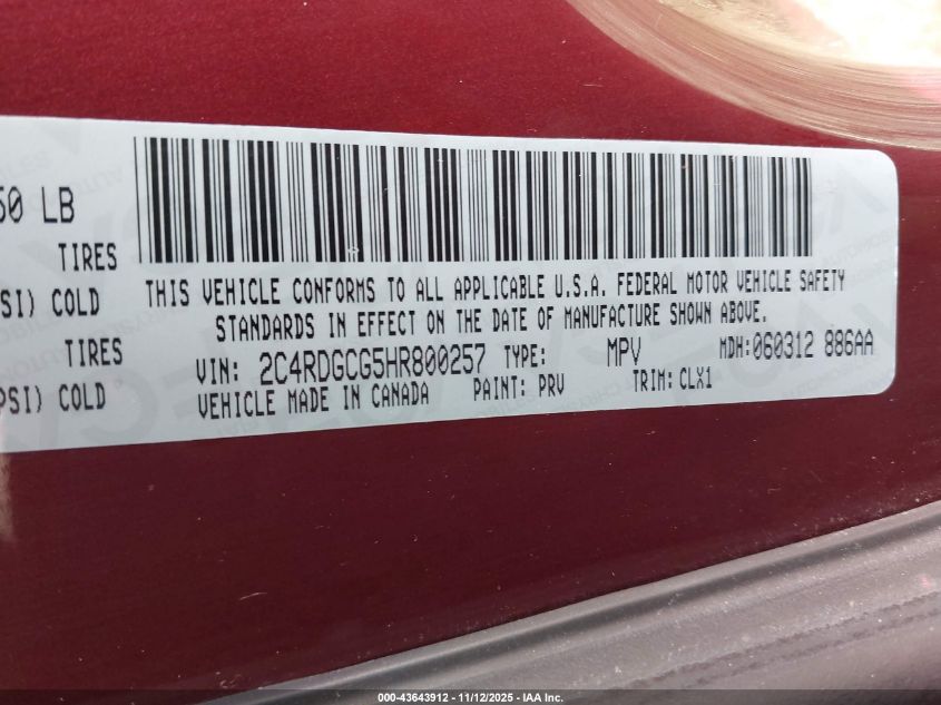 2017 Dodge Grand Caravan Sxt VIN: 2C4RDGCG5HR800257 Lot: 43643912