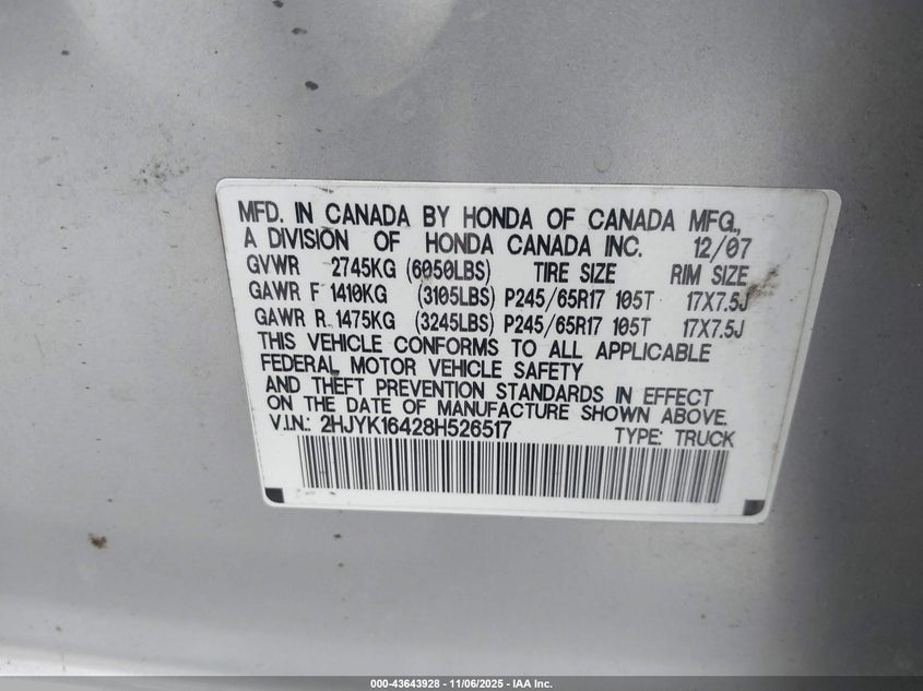 2008 Honda Ridgeline Rts VIN: 2HJYK16428H526517 Lot: 43643928